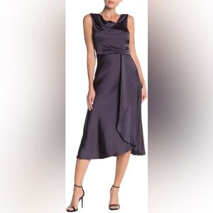 Just Taylor Sleeveless Asymmetrical V-neck Midi Black Dress Satin Formalwear